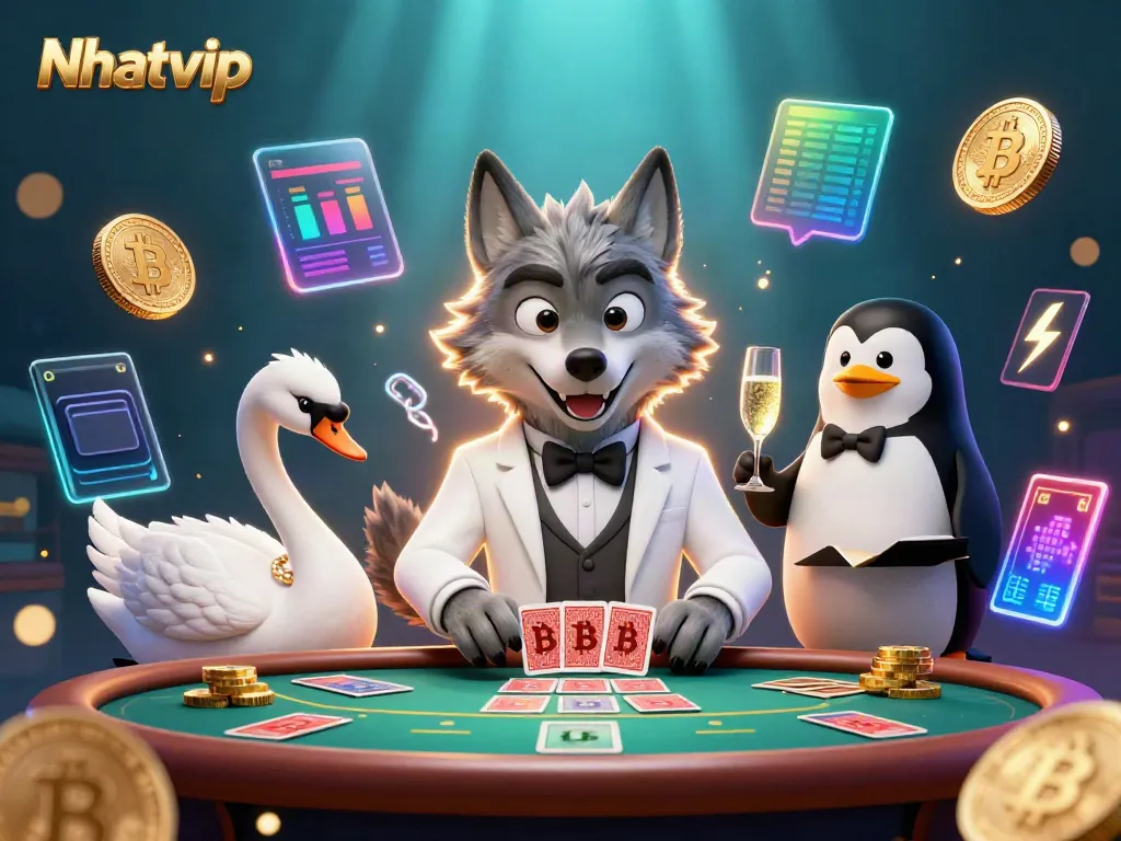 Nhatvip presents a vibrant scene of a debonair wolf, elegant swan, and sophisticated penguin at a baccarat table