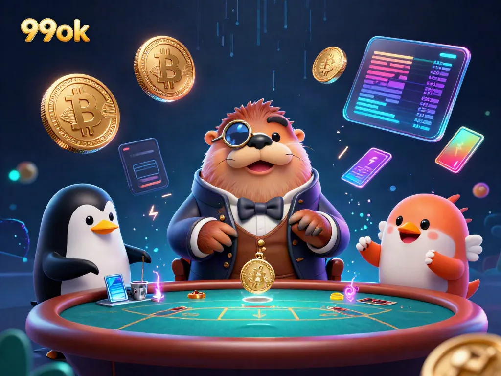 Experience the thrilling 99ok poker scene with a walrus, penguin dealer, and bluffing pufferfish.