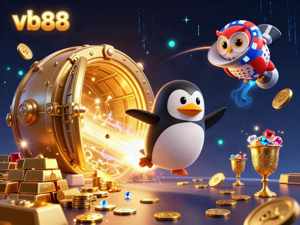 Experience thrilling gameplay at vb88 with a golden penguin amidst treasure and casino elements.