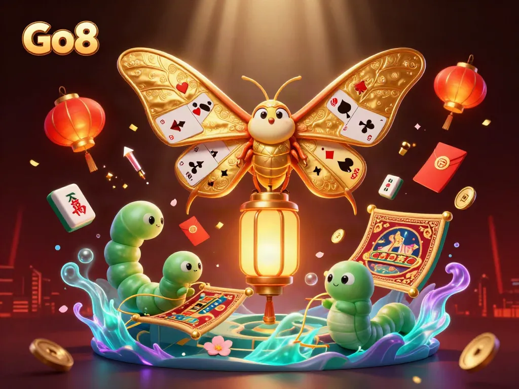 Engage with the vibrant Go8 casino scene showcasing a moth and silk worms amidst dynamic gambling elements.