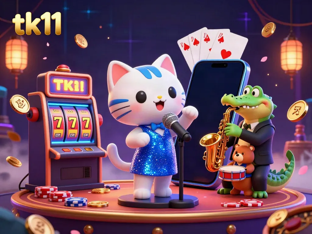 Engage with tk11's animated casino scene featuring jazz-singer cat, sax croc, and drum bear amidst vibrant game elements.
