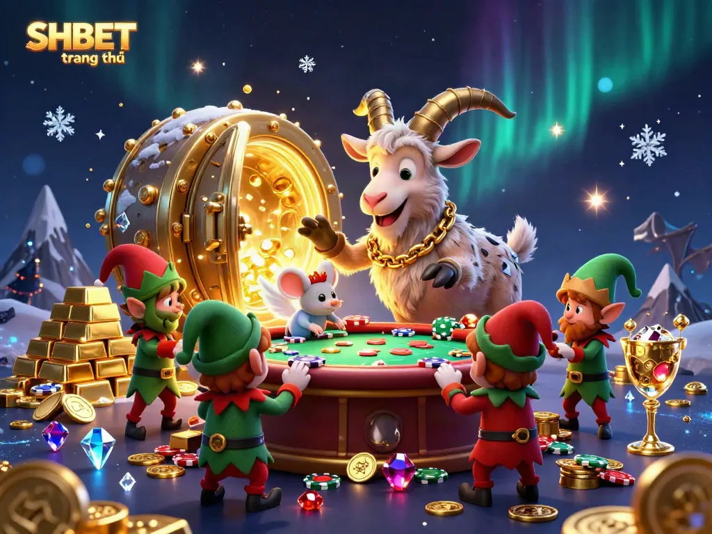 Experience the excitement of SHBET trang chủ in a vibrant casino scene featuring festive characters and treasures.