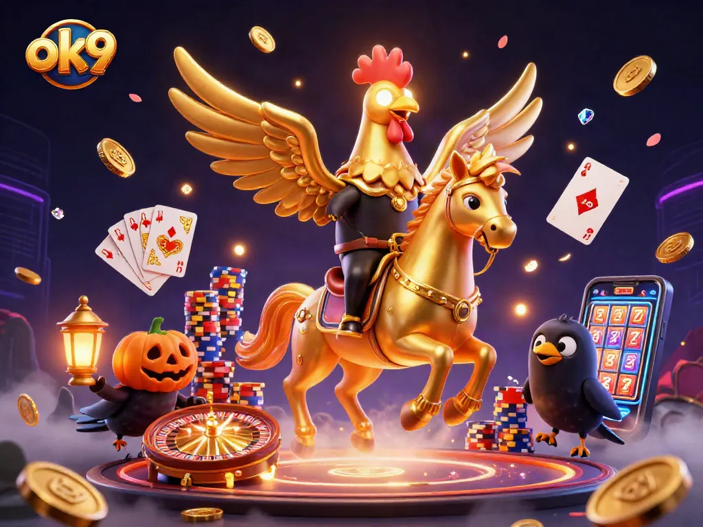 Engage with ok9 casino thrills featuring golden rooster and spectral horse in a vibrant, enchanted setting.