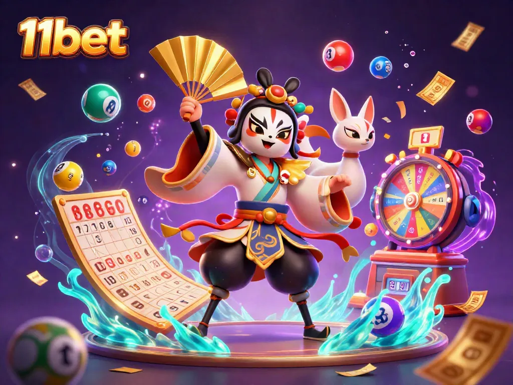 Engage with the exciting world of 11bet featuring a dynamic lottery scene with colorful elements and vibrant characters.