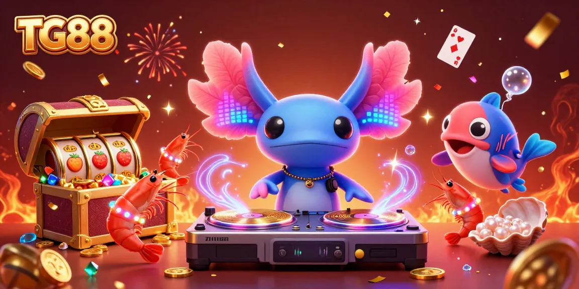 Engage with TG88's vibrant casino scene featuring a neon axolotl DJ, gold coins, and exciting game elements.