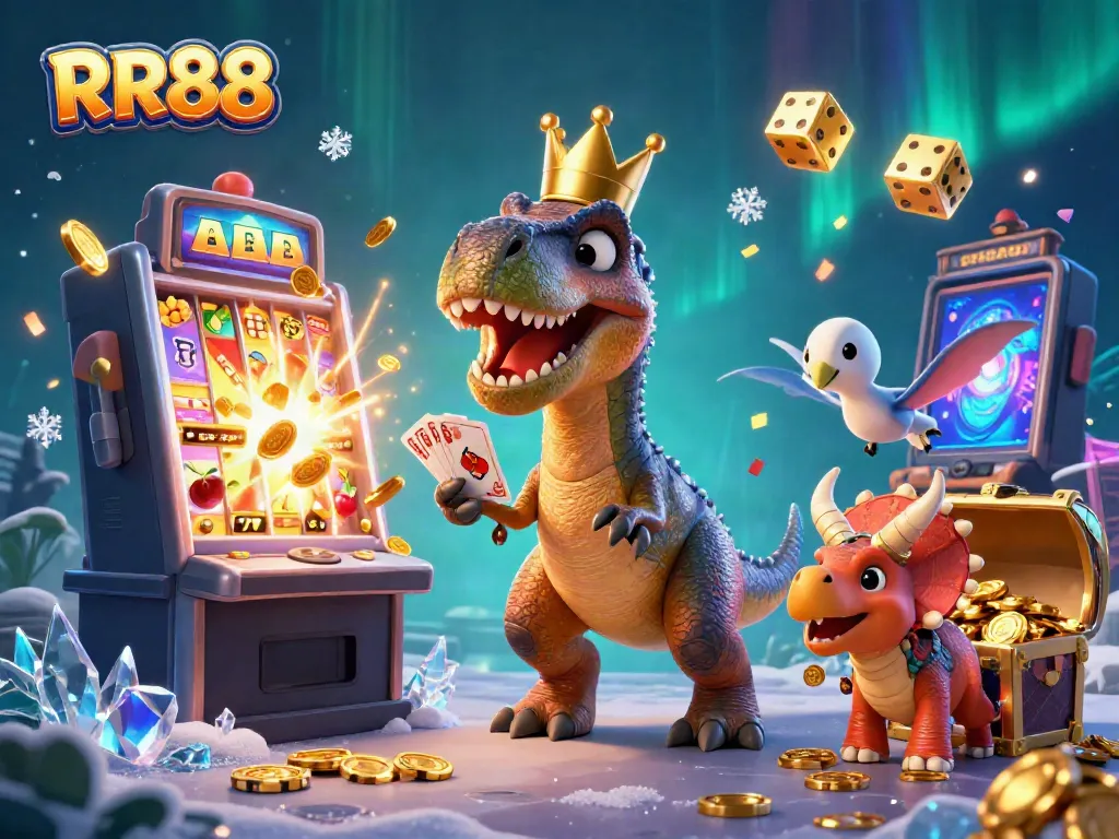 Experience RR88's exciting gaming world with a 3D cartoon illustration of dinosaur characters in a vibrant casino setting.