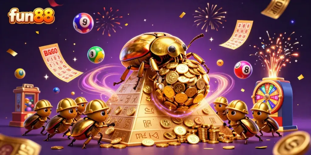 Fun88 engages players with a dynamic scene of golden coins, lottery elements, and vibrant casino symbols.