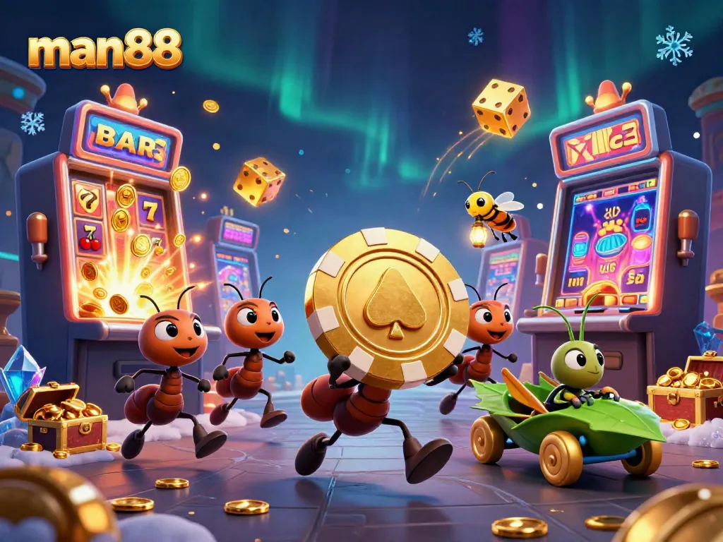 Experience thrilling jackpots at man88 with playful ants carrying a giant poker chip amidst a vibrant casino scene.