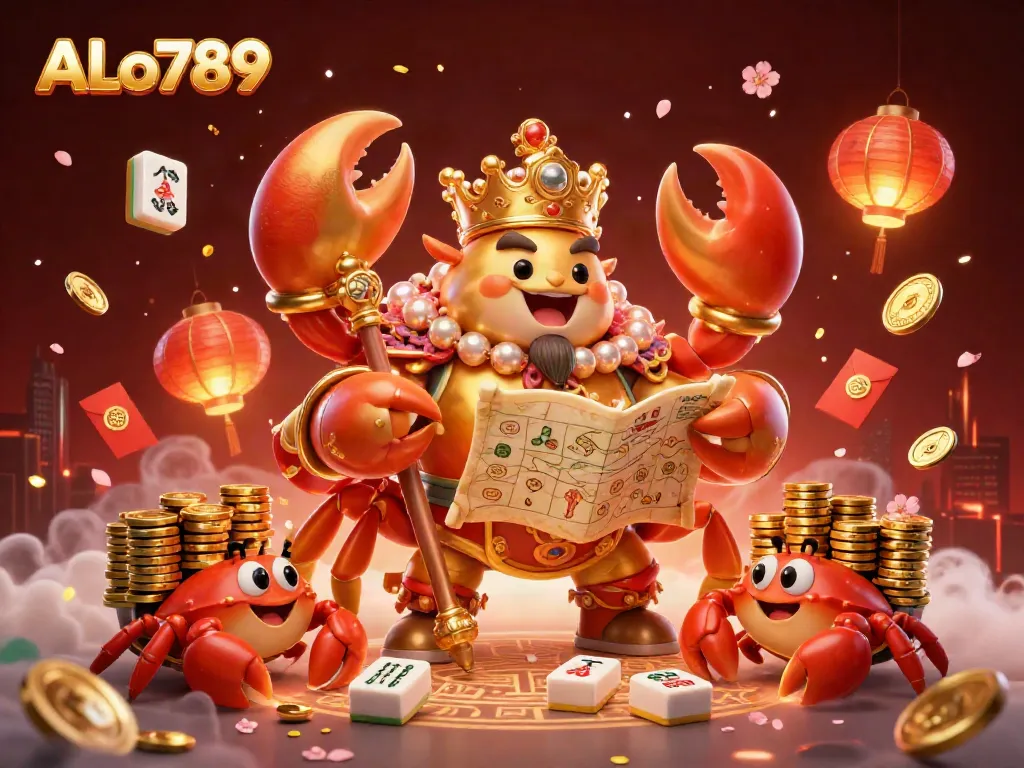 Experience ALo789's immersive gambling world with a golden crab emperor and treasure in a vibrant casino setting.