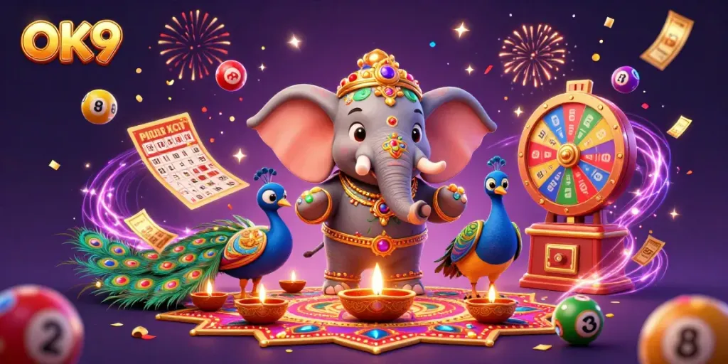 Experience the dynamic excitement of OK9 with colorful lottery elements and vibrant celebrations.