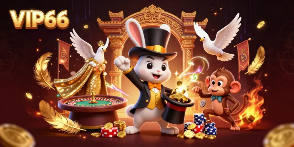 VIP66 casino scene with a magician rabbit, dove, and monkey surrounded by gaming elements.