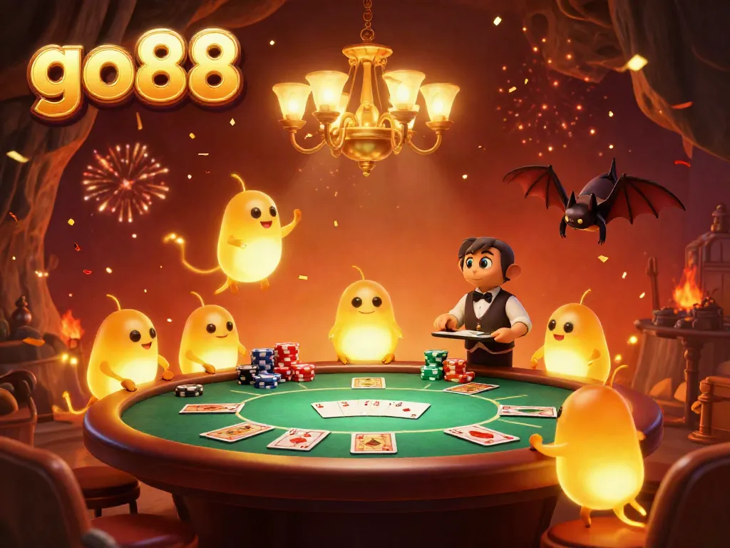 Experience thrilling poker action at go88 with glowworms illuminating gameplay in a vibrant casino atmosphere.