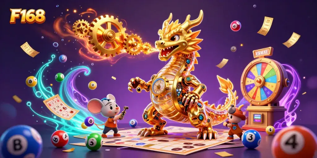 Engage with F168's dynamic gaming world, featuring a golden dragon navigating vibrant lottery elements.