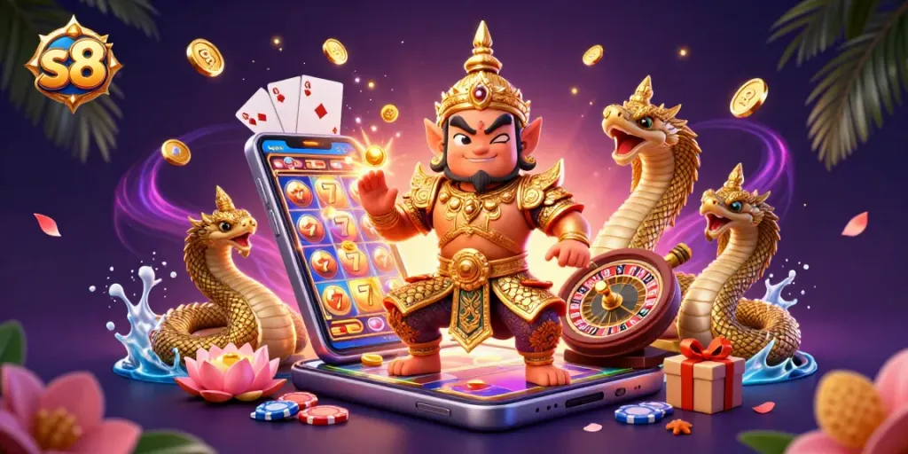 S8 slot game action with vibrant characters and dynamic casino elements in a captivating scene