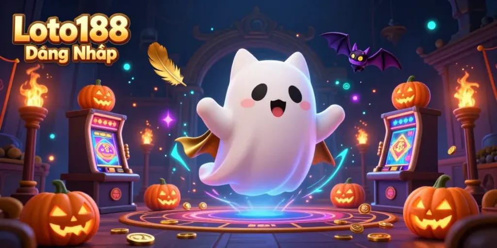 Loto188 Đăng Nhập featured in a dynamic 3D casino scene with a ghost cat and vampire bat amid glowing elements.