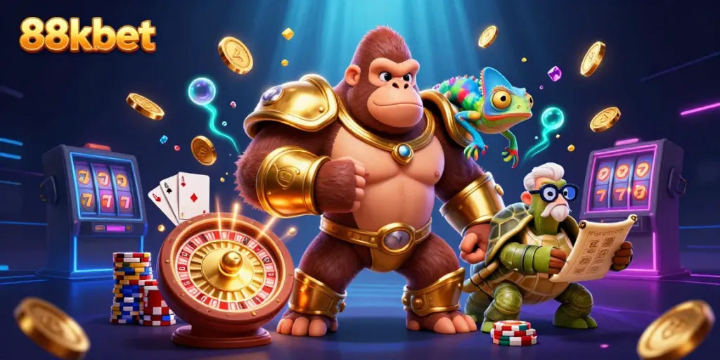 Engaging scene of powerful 88kbet characters, highlighting thrilling casino gaming with dynamic elements.