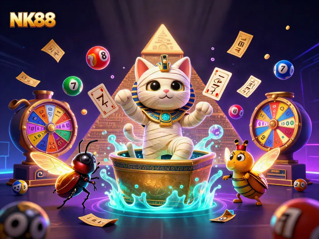 Experience the thrilling action of NK88 with a vibrant scene featuring a mummy cat and casino elements.