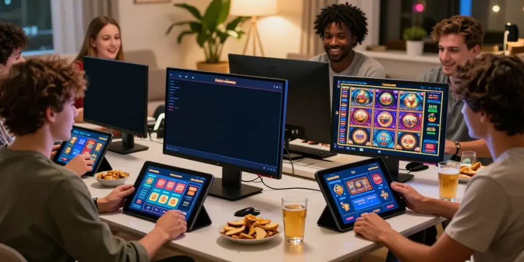 Group enjoying Casino Gratuit sans depot at home with virtual games and snacks.