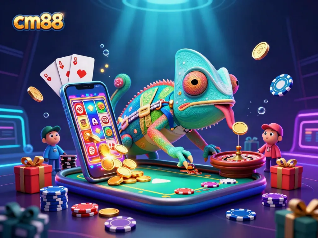 Engage with cm88 at a vibrant casino scene featuring a chameleon owner and immersive games.
