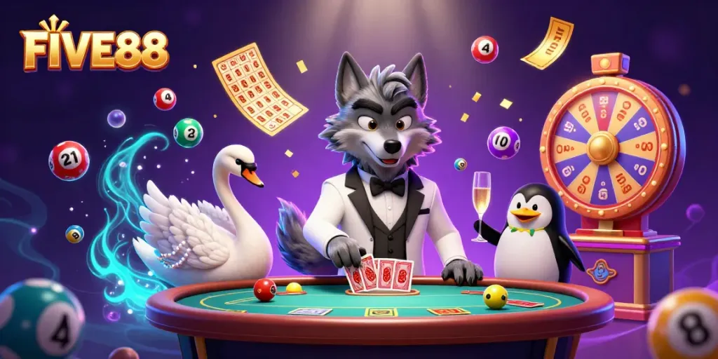 Engage with FIVE88's vibrant casino scene featuring a debonair wolf and more.