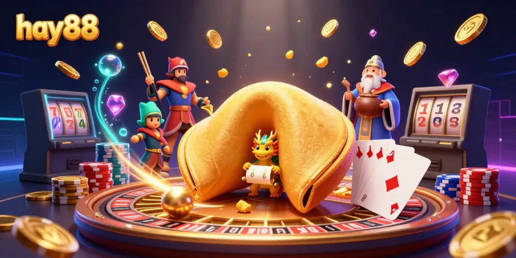 Experience top-tier luck at hay88 with a vibrant 3D casino scene featuring fortune, gold, and gaming elements.