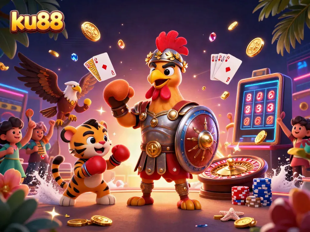 Experience the thrill of ku88 with a vibrant casino scene featuring engaging characters and dynamic gaming elements.