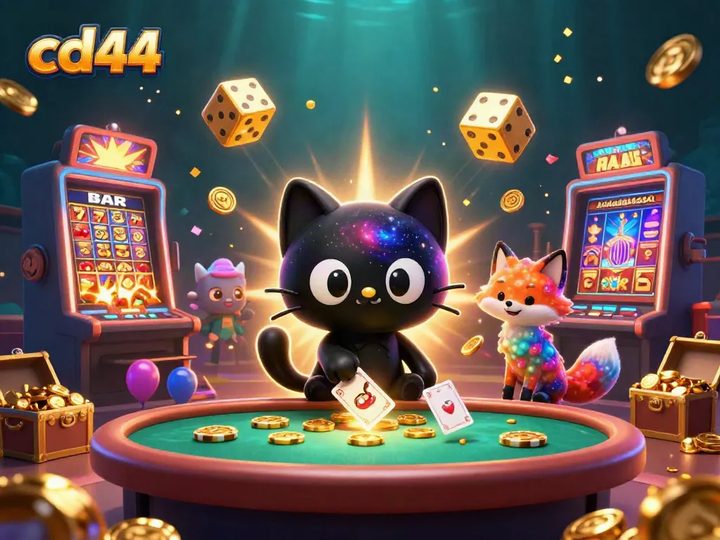 cd44 themed cosmic casino scene with a black hole cat and nebula fox, surrounded by exploding slot machines