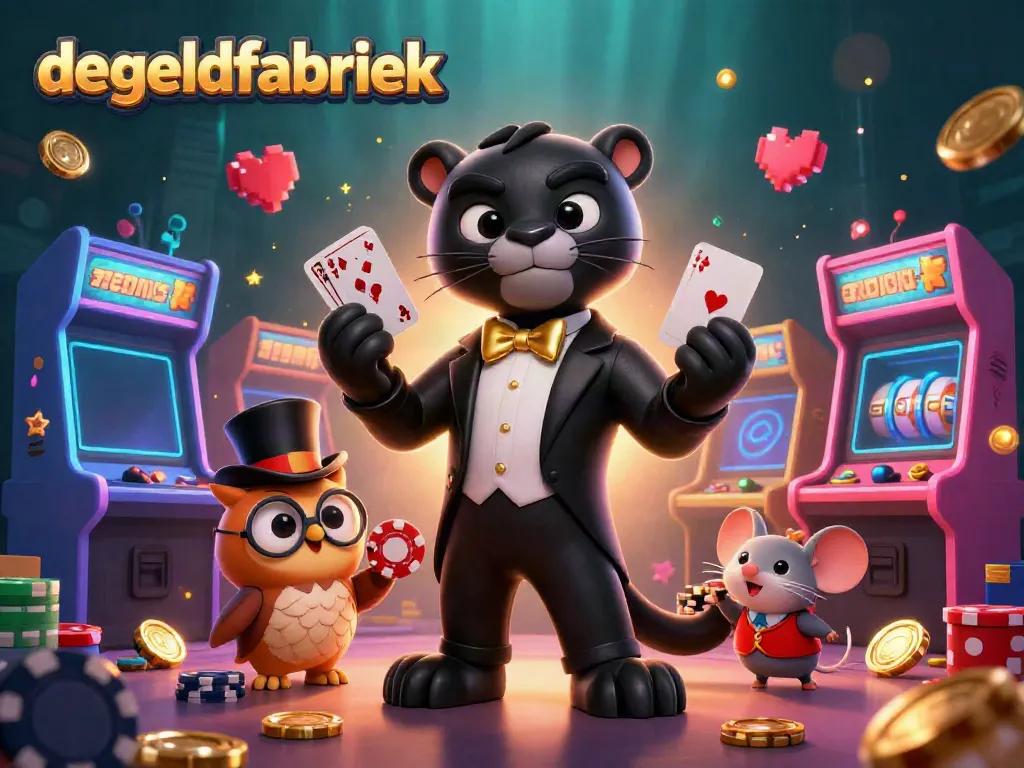 Engage with degeldfabriek's vibrant casino scene featuring a tuxedoed panther, an owl, and a mouse amid slot reels.