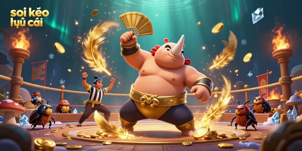 Experience the thrill of soi kèo nhà cái with a dynamic 3D illustration of a beetle champion amidst flying coins and betting tokens.