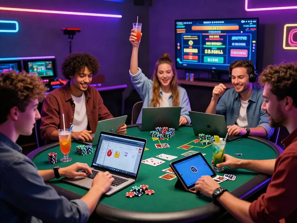 Exciting scene of friends playing Casino En Ligne with laptops and casino chips in a vibrant setting