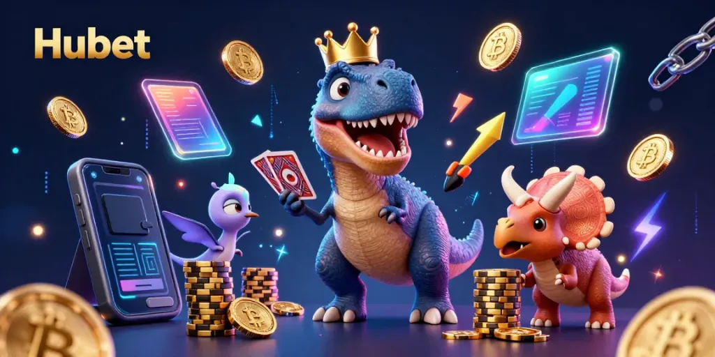 Engage with Hubet's vibrant casino experience featuring animated dinosaur characters and cryptocurrency elements.