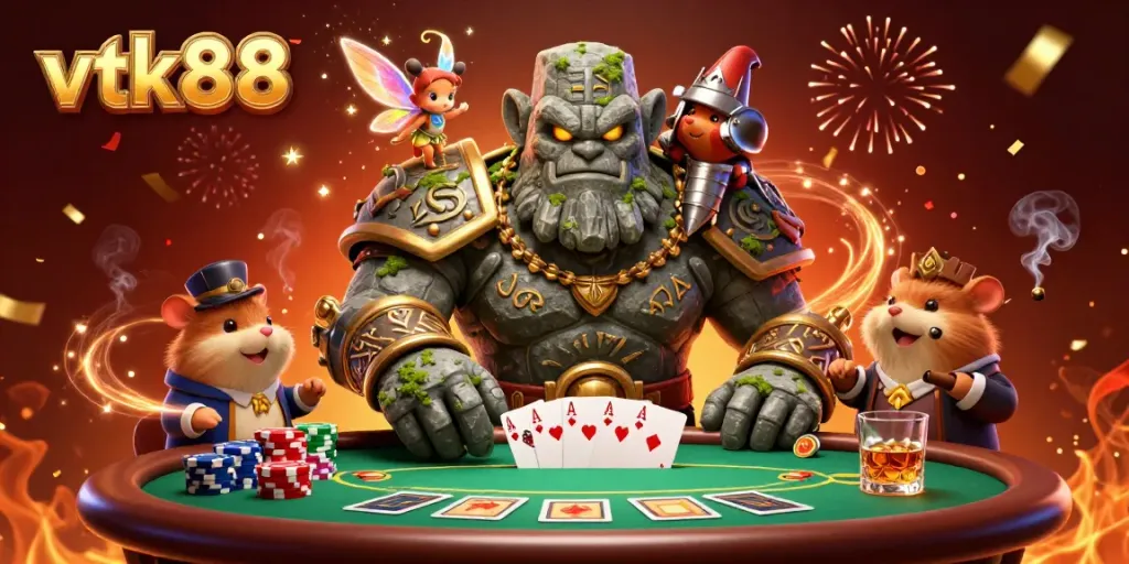 Experience the excitement of poker at vtk88 with a magical 3D scene featuring a golem, fairy, and hamster knight.