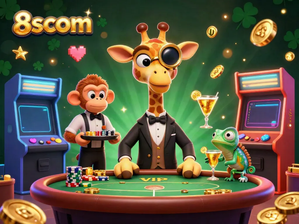 Join the fun with 8scom's engaging casino scene, where a giraffe, monkey, and chameleon bring excitement to the table.
