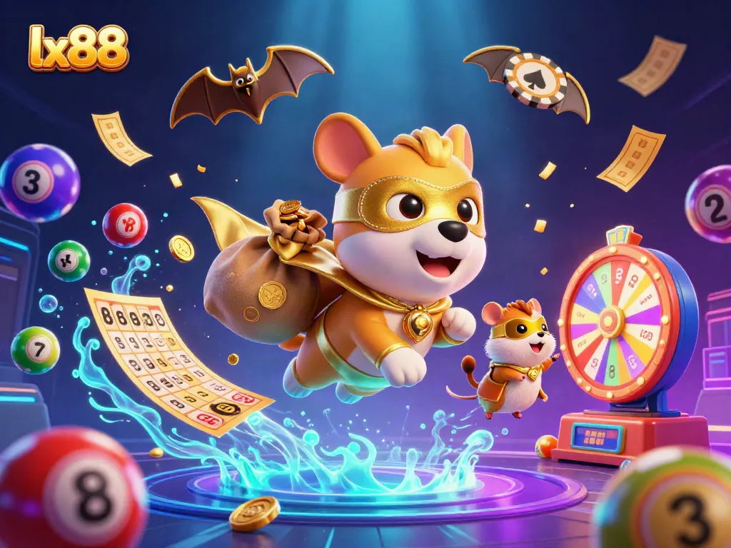 Experience winning with lx88 as a superhero dog flies through a vibrant casino universe filled with gold and lottery elements.