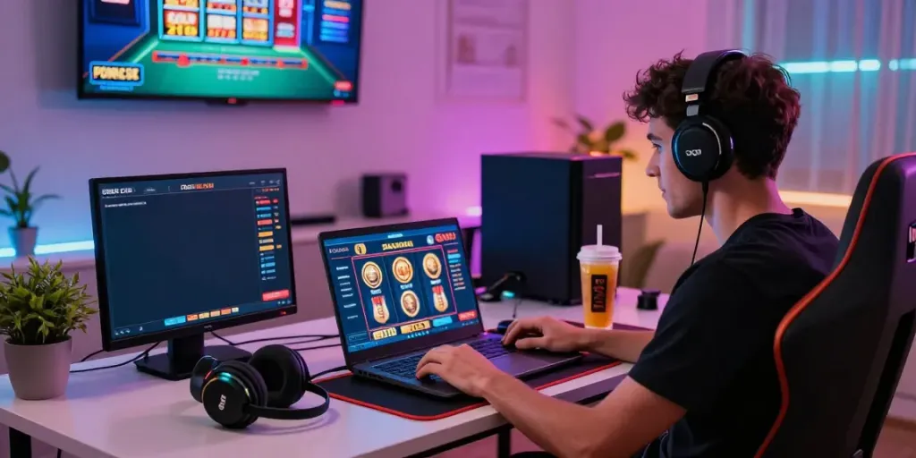 Engaged player at a mastercard casinos laptop in a vibrant gaming setup.