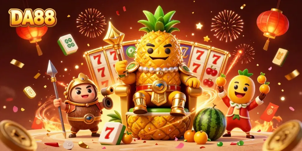 Engage with DA88's casino experience featuring a golden pineapple king on a vibrant beach.