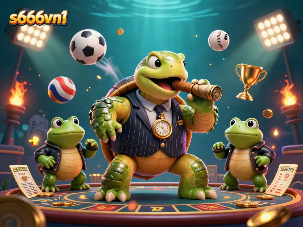 Bet on the excitement of s666vn1 with a 3D cartoon turtle mobster and his bullfrog enforcers.