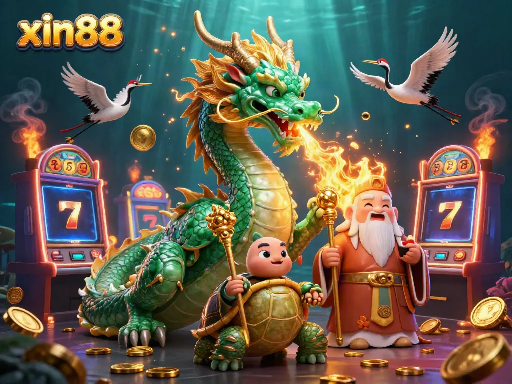 Experience the excitement of xin88 with this vibrant 3D illustration of dragon and gaming elements.
