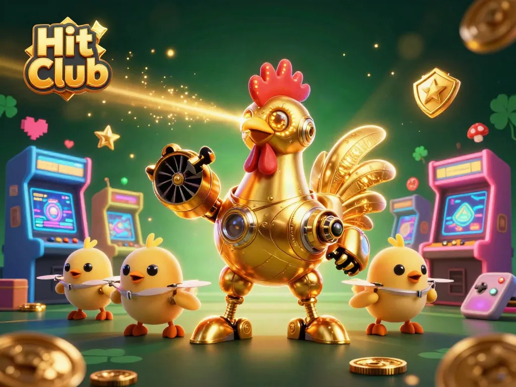 Hit Club showcases a unique gambling scene with golden robot characters and arcade machines