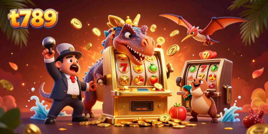 Witness the thrilling action at t789 as a pachycephalosaurus interacts with a slot machine, surrounded by colorful gaming elements.