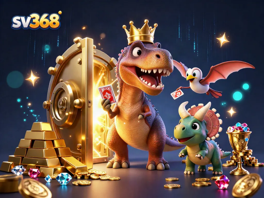 sv368 showcases a vibrant 3D cartoon scene with a T-Rex shuffling cards, illustrating online betting excitement.