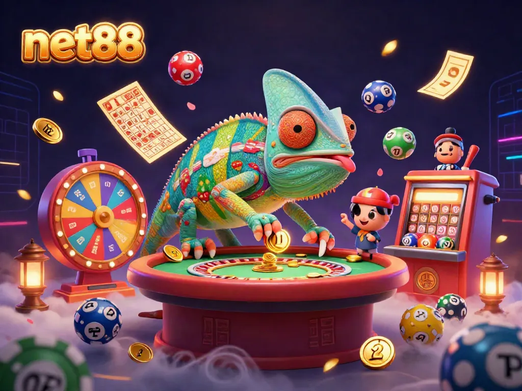 Experience net88's dynamic gambling arena with a colorful chameleon casino owner and vibrant game elements.