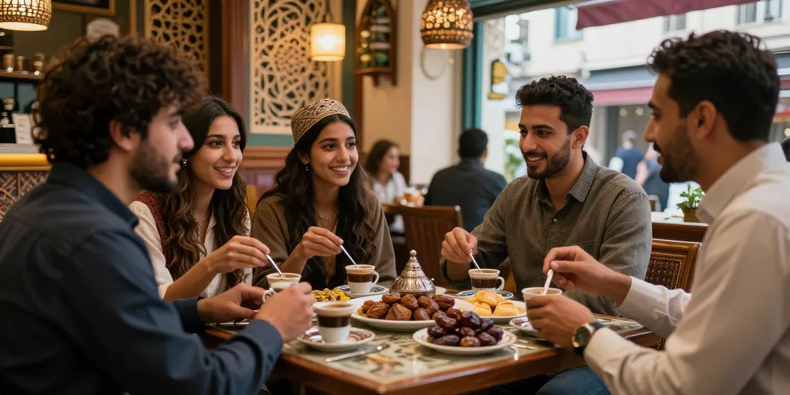 مجموعة من الأصدقاء يستمتعون بالقهوة القھوجیین في مقهى تقليدي مع أجواء دافئة وزخارف عربية جميلة.
