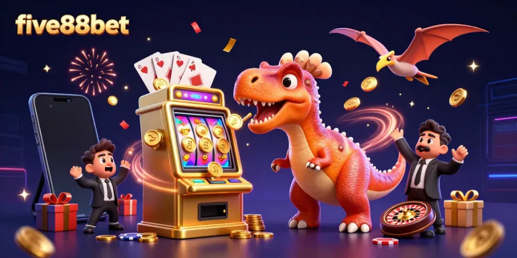 Experience the excitement of five88bet as a dinosaur headbutts a slot machine, winning jackpot coins.