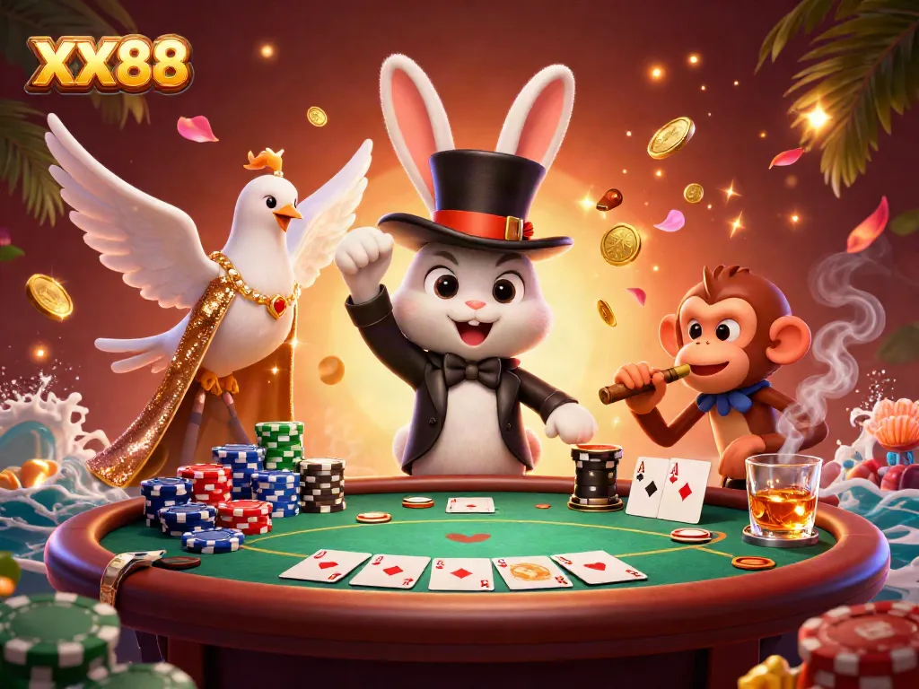 Experience the excitement of XX88 with a 3D scene showcasing a magician rabbit pulling coins, a dove, and a monkey amidst poker elements.