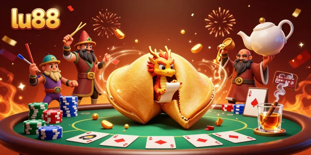 Experience excitement at lu88 with a vibrant casino scene featuring a golden fortune cookie and poker elements.