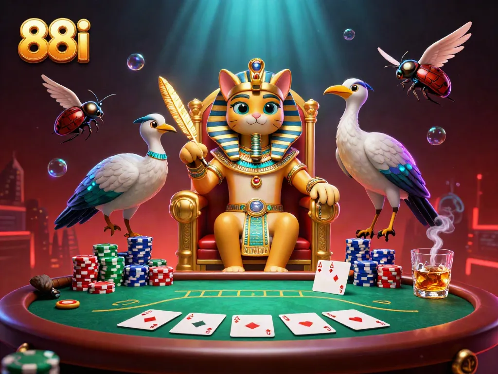 88i casino scene featuring a pharaoh cat and scribe at a poker table with colorful chips.