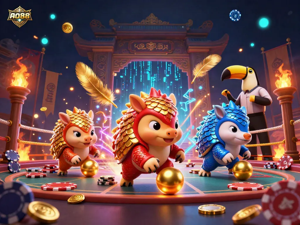 Experience the dynamic gameplay of ao88, where colorful pangolins roll through poker chips in a vibrant casino scene.