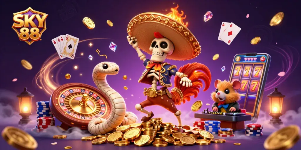 Engage in the vibrant world of SKY 88 with golden coins, lively characters, and thrilling casino action.