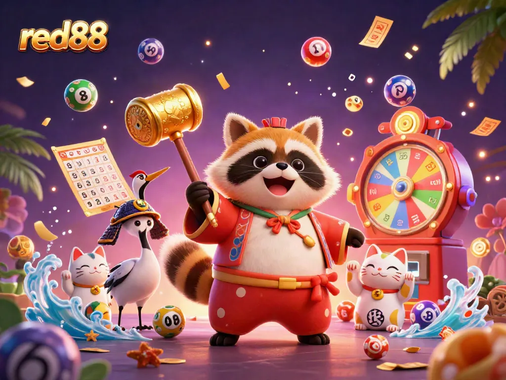 Experience the vibrant charm of red88 with lively tanuki bringing good fortune in a colorful casino scene.